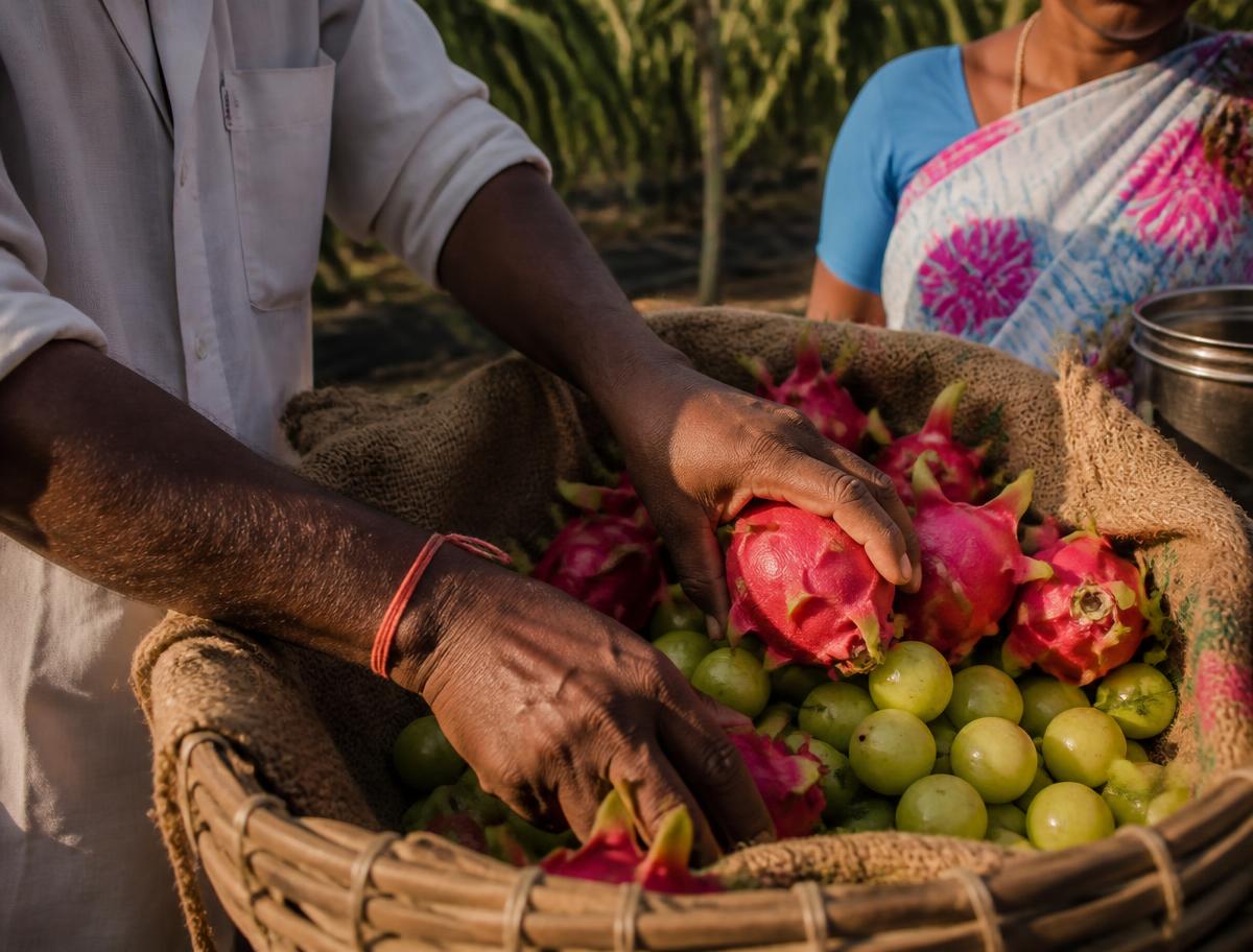 Farmer hands packing freshly harvested pink dragon fruit and amla into a bamboo basket at HanJot Farms