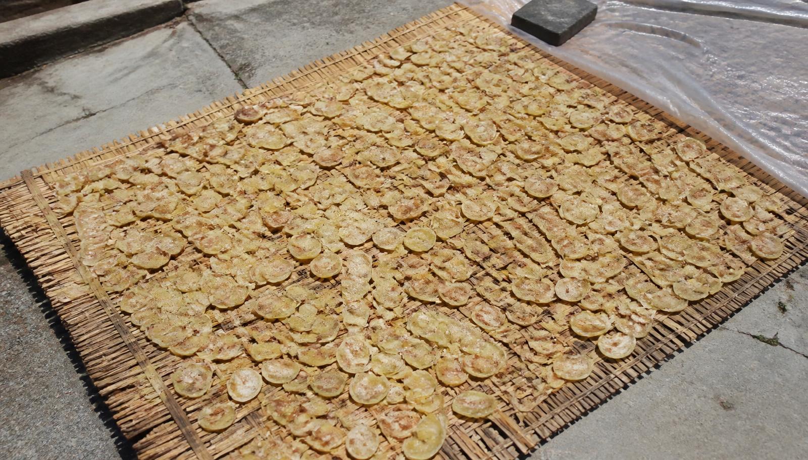 Amla pieces shade drying on cloth trays at the farm