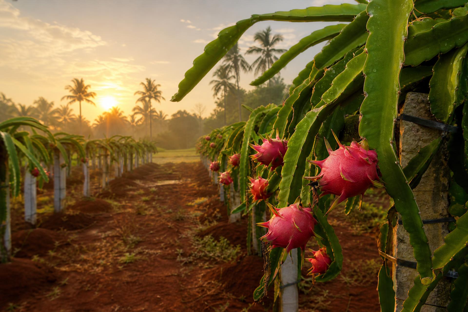Pink dragon fruit ripening on the vines at sunrise in HanJot Farms